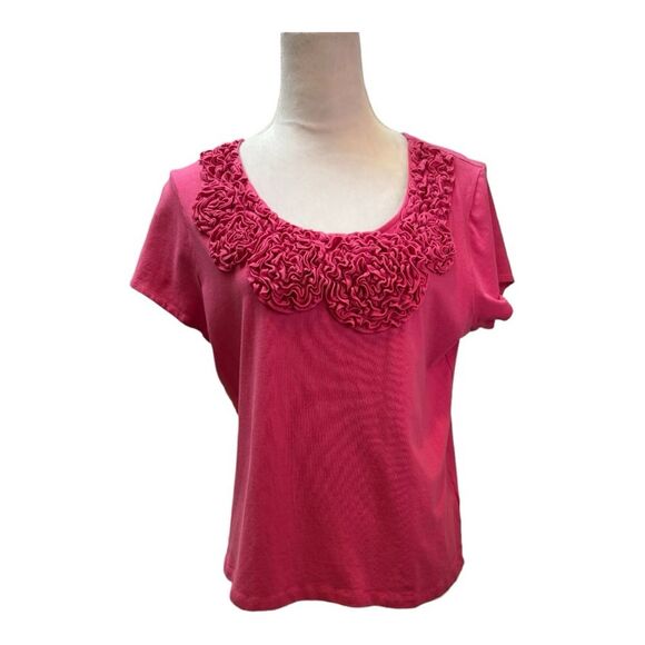 Ruby Road Pink With Ruffle Flower Front  Boho  T  Shirt  Blouse Size‎ L - Picture 1 of 5